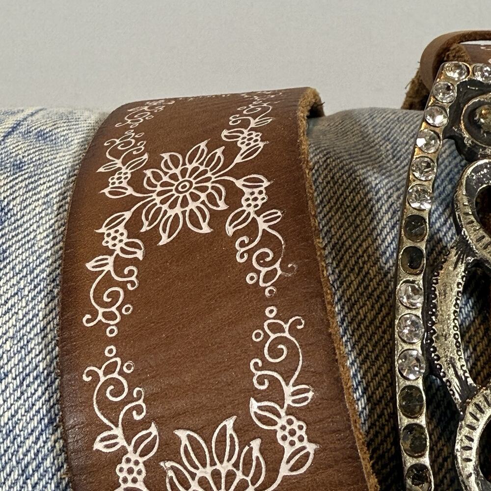 Vintage Western Leather Rhinestone Cowgirl Boho Belt - Silver, Black Wms S - Picture 3 of 10